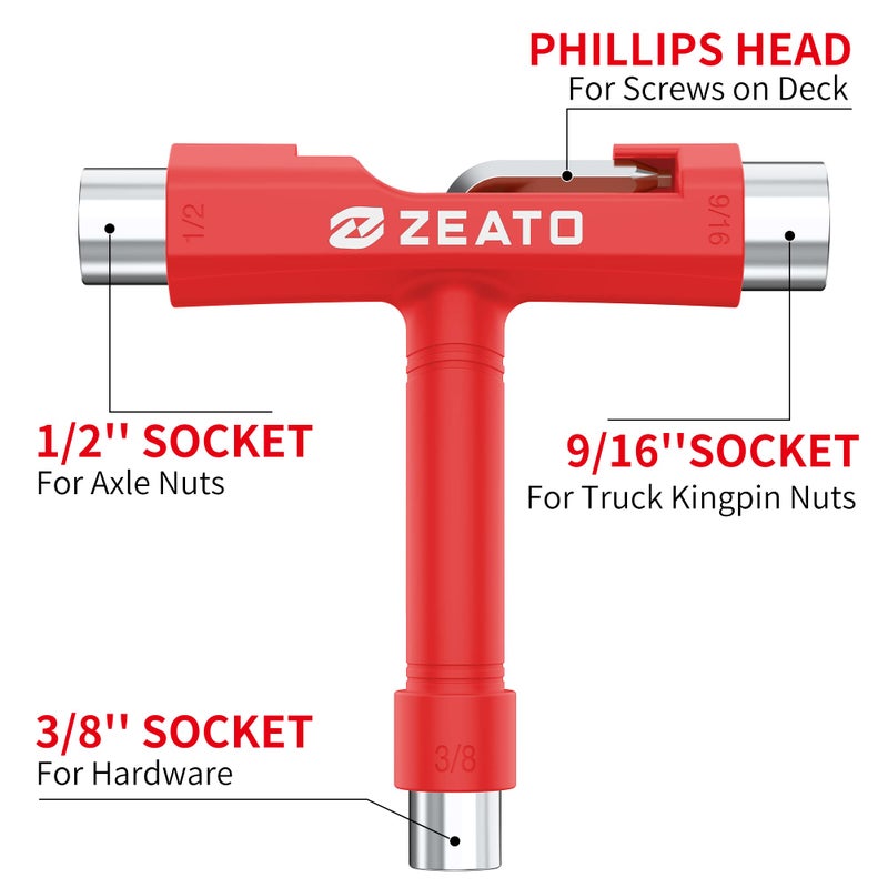 Zeato All-In-One Skate Tools Multi-function Portable Skateboard T Tool Accessory with T-type Allen Key and L-type Phillips Head Wrench Screwdriver - Red - Image 2